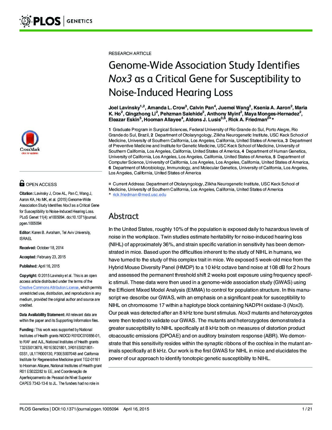 Estudo De Associação Genômica Ampla Identifica Nox3 Como Um Gene Importante Para A Suscetibilidade De Perda Auditiva Induzida Por Barulho