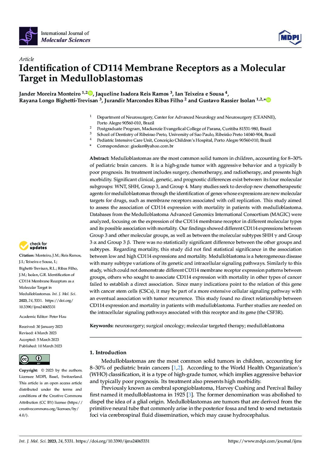 Identification Of CD114 Membrane Receptors As A Molecular Target In Medulloblastomas
