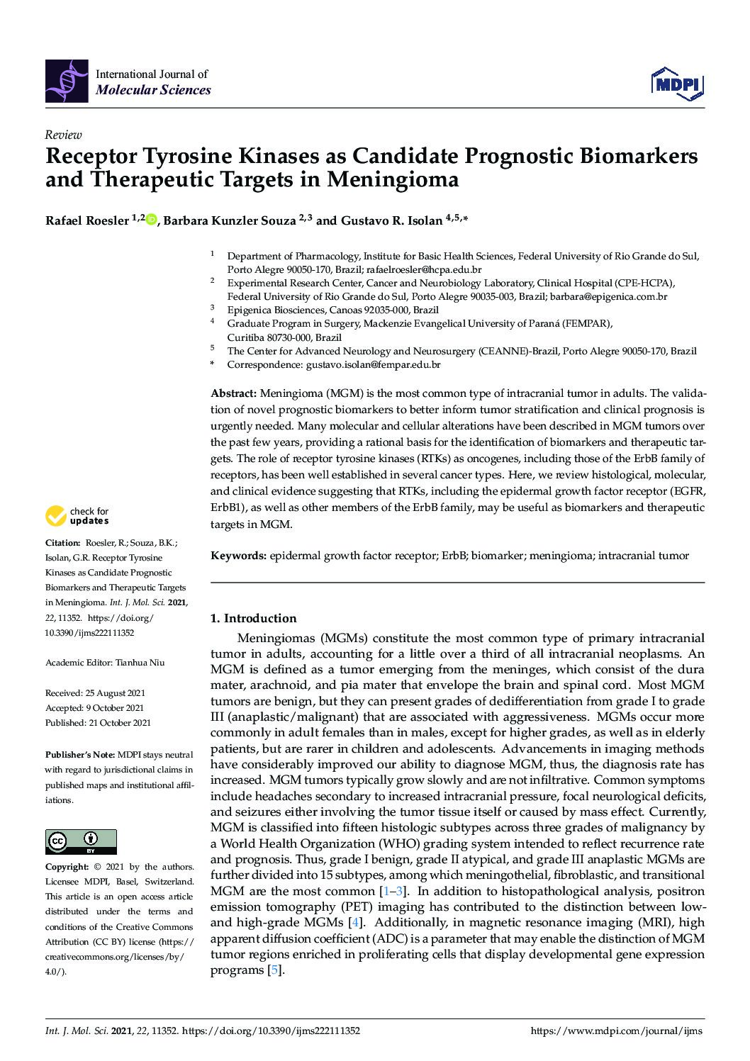 Meningeomas Biologia Molecular: Receptor Tyrosine Kinases As Candidate Prognostic Biomarkers And Therapeutic Targets In Meningioma