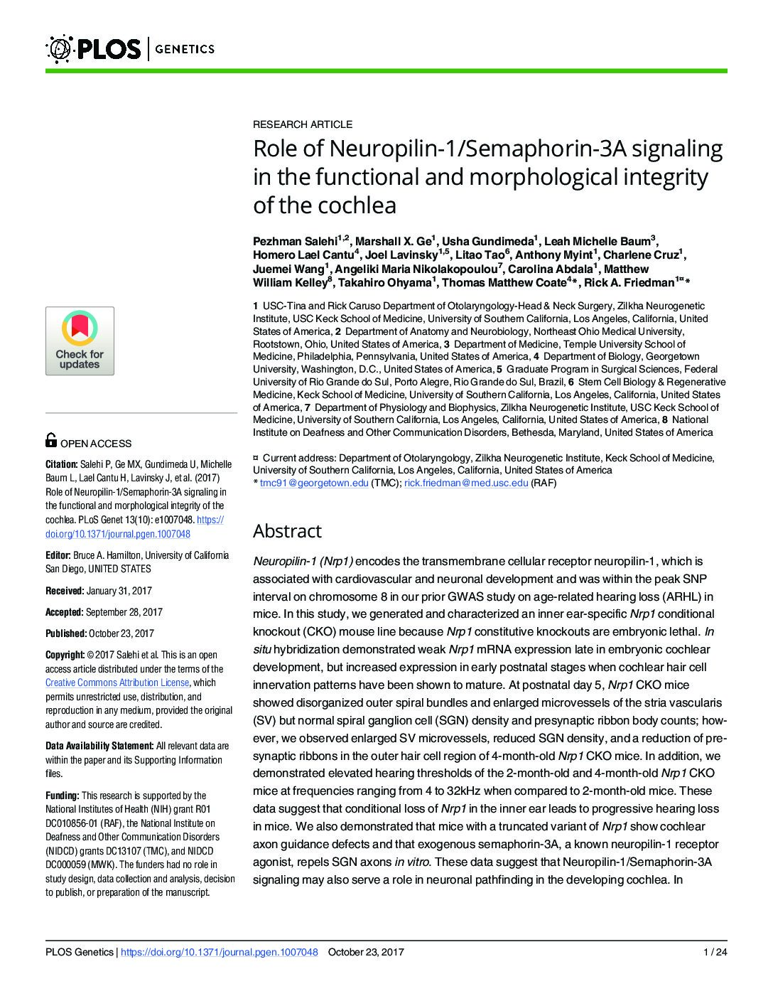 Papel Da Sinalização Da Neuropilina-1/Semaforina-3A Na Integridade Funcional E Morfológica Da Cóclea