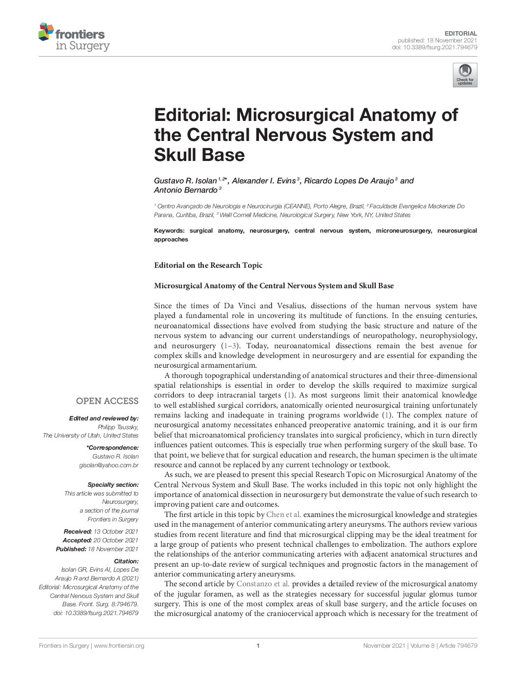 Fronteiras Editoriais: Microsurgical Anatomy Of The Central Nervous System And Skull Base